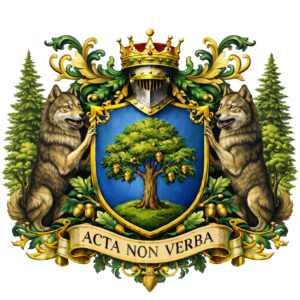 Stemma araldico del Barone di Valboscosa: scudo azzurro con quercia carica di ghiande su campo verde, sormontato da elmo argentato e corona dorata con gemme rosse e verdi. Due lupi grigi rampanti reggono lo scudo ai lati, circondati da abeti e fronde di quercia con ghiande dorate. In basso, cartiglio con il motto latino ACTA NON VERBA.