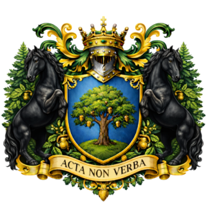 Stemma araldico del Cavaliere di Valboscosa: scudo azzurro con quercia carica di ghiande su campo verde, sormontato da elmo argentato con visiera e corona dorata con gemme rosse e smeraldo. Due destrieri neri rampanti fiancheggiano lo scudo, circondati da rami frondosi con ghiande dorate. In basso, cartiglio con il motto latino ACTA NON VERBA.