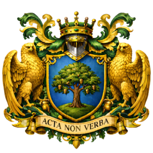 Stemma araldico del Conte di Valboscosa: scudo azzurro con quercia carica di ghiande su campo verde, sormontato da elmo argentato e corona comitale dorata con gemme smeraldo e rubino. Due aquile dorate rampanti con ali spiegate fiancheggiano lo scudo, circondate da fronde verdi con ghiande dorate. In basso, cartiglio con il motto latino ACTA NON VERBA.