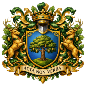 Stemma araldico del Duca di Valboscosa: scudo azzurro con quercia carica di ghiande su campo verde, sormontato da elmo argentato e corona ducale dorata con gemme smeraldo e diamanti. Due cervi dorati rampanti con collare gemmato rosso e verde fiancheggiano lo scudo, circondati da elaborate fronde di quercia con ghiande. In cima, cimiero con pennacchio verde e oro. In basso, cartiglio dorato con il motto latino ACTA NON VERBA.