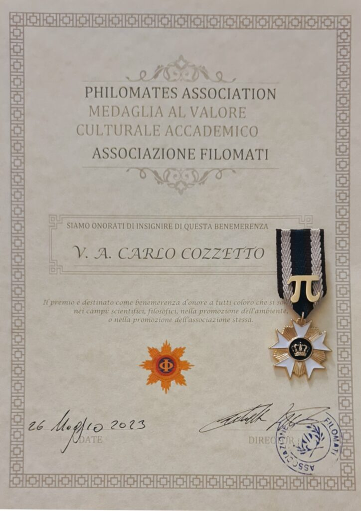 Attestato e Medaglia riconoscimento ricevuto da Associazione Filomati