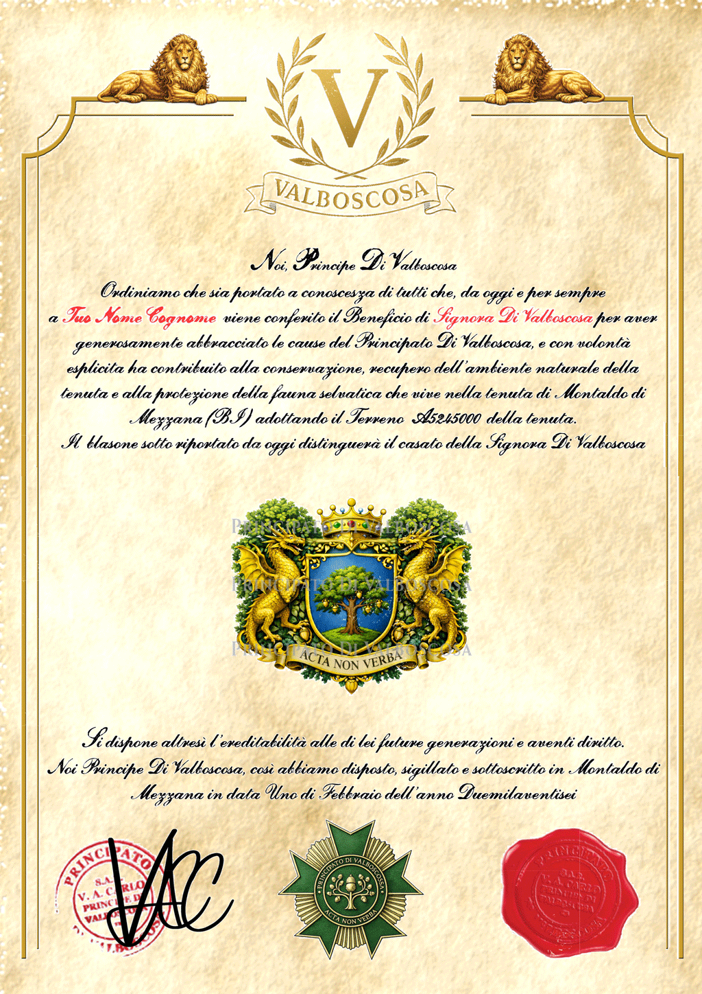 Certificato araldico dei Signori di Valboscosa su pergamena nobiliare, con cornice dorata solenne, stemma comitale coronato, aquile araldiche, motto latino e sigilli ufficiali del Principato di Valboscosa.